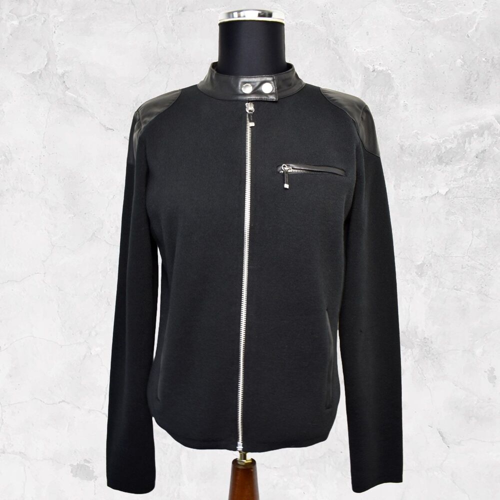 Ralph Lauren Moto Jacket Women's Petite M Black Faux Leather Trim Zipper